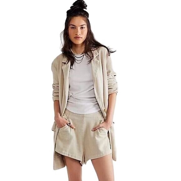 Free People If You Try Short Linen Suit Set Stone Women's Size 0 NWT - Picture 1 of 7